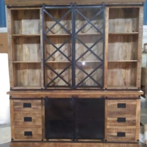 mango wood and glass two part cabinet with sliding door and 6 drawer 10-15% (color natural)