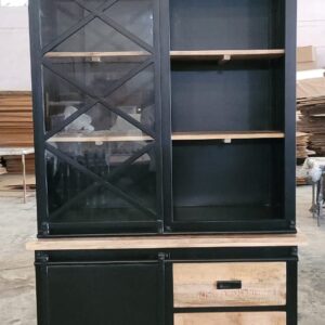 finished mango wood and iron two part cabinet with glass sliding door and powder coated iron